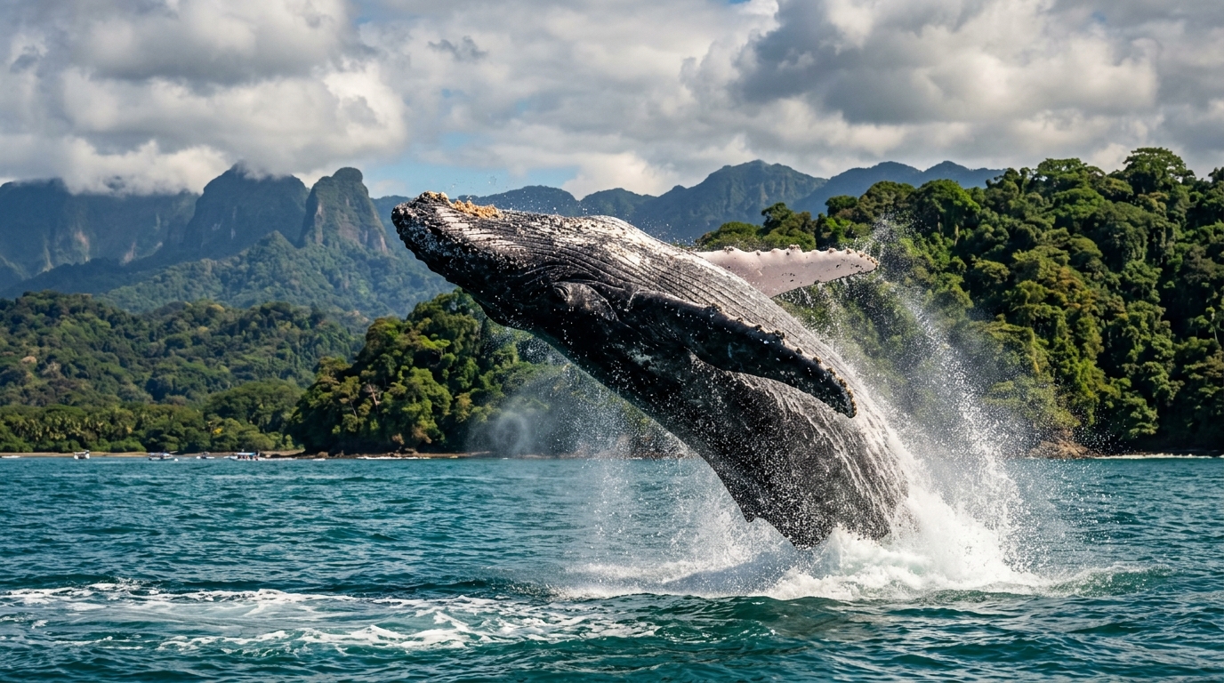 Avistamiento de ballena jorobada saltando en el Parque Nacional Marino Ballena, Uvita